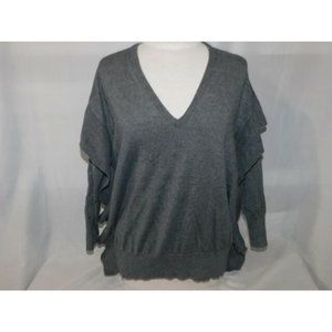Zara Womens M Oversized Gray Flounce Ruffle Detail Sweater V Neck